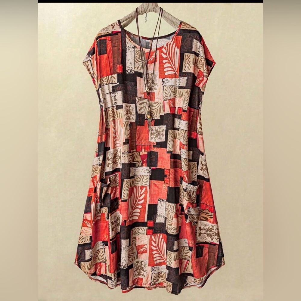 Women's Coral Patchwork Midi Dress - - Picture 2 of 9